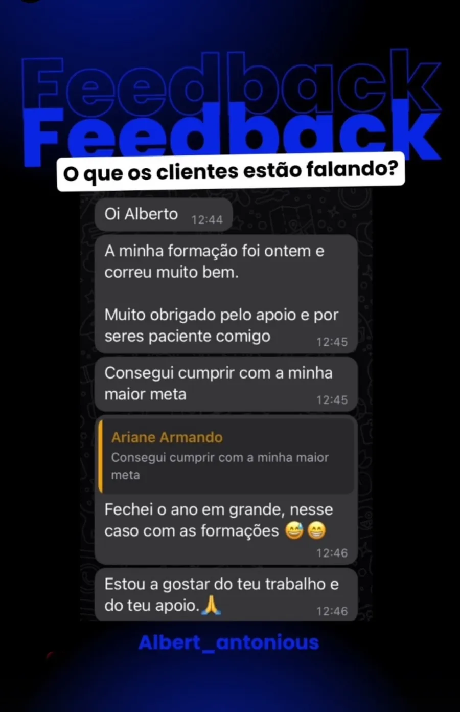 Conversa de WhatsApp em que o cliente agradece o apoio e refere formação esgotada